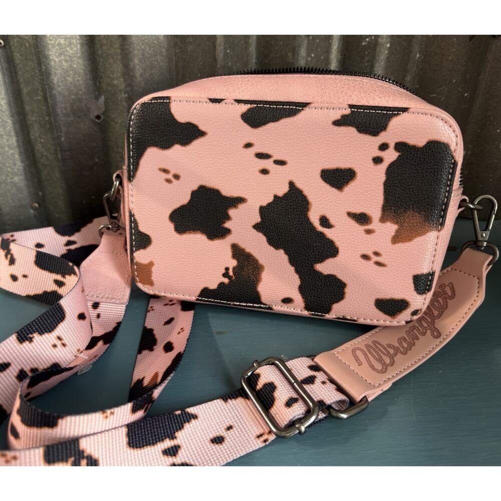 Wrangler By Montana West Vegan Leather Pink Cow Print Crossbody Bag Purse Rodeo - Picture 5 of 7